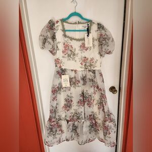 JessaKae Floral Puff Sleeve Dress - Cream and Pink